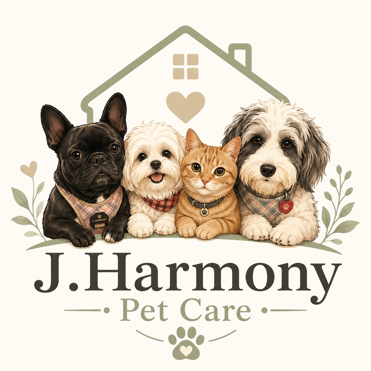 J.Harmony Pet Care logo with dogs, cat, and family home