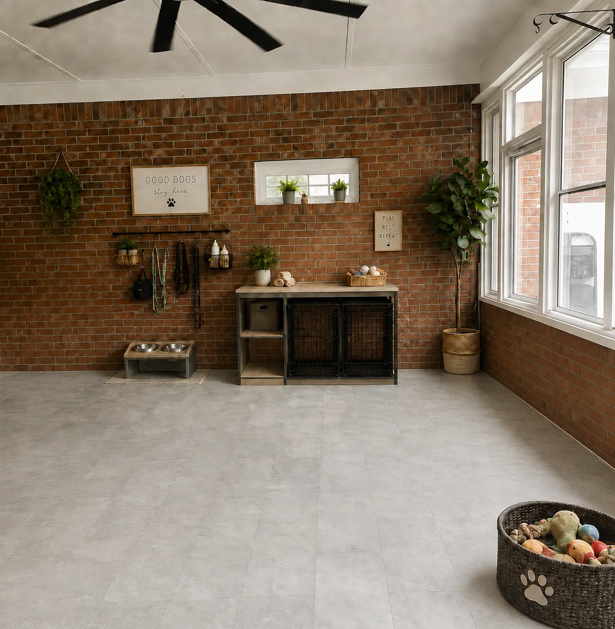 Clean, cozy pet care room with brick walls, crates, feeding station, and toy basket