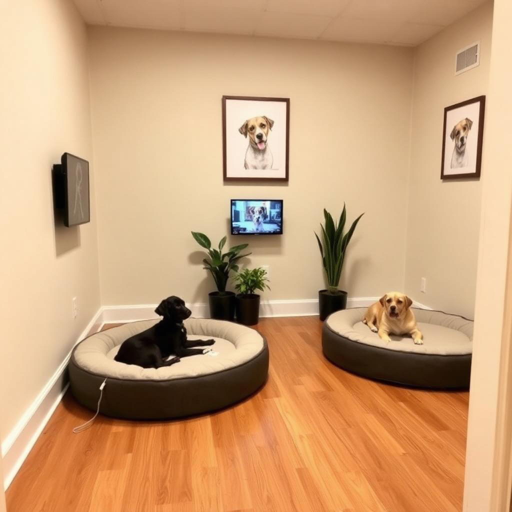 Cozy interior with pet beds and a monitor