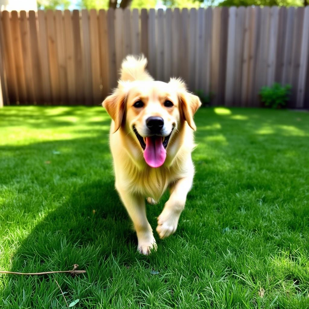 Happy golden retriever playing in a fenced yard